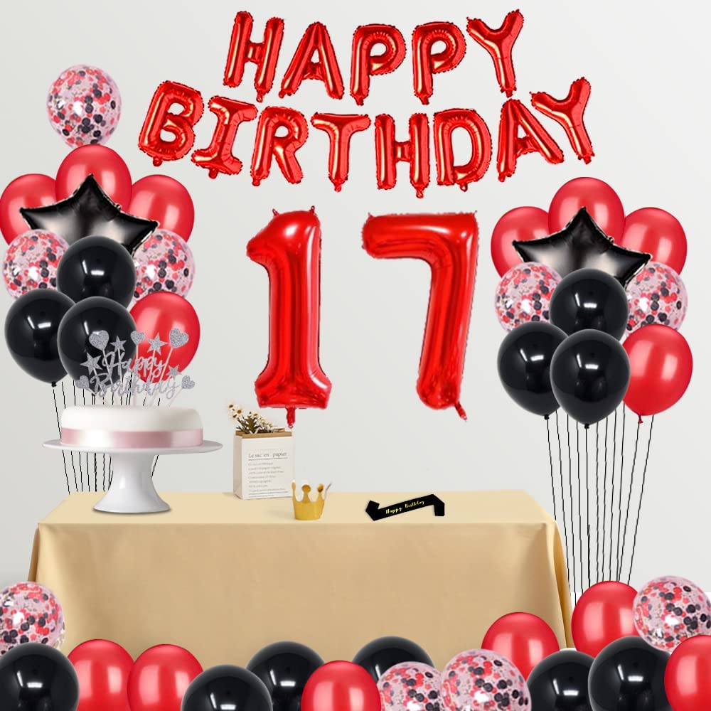 Fancypartyshop 17th Birthday Party Decorations Supplies Red Black Later Balloons Happy Birthday Cake Topper Sash Foil Black Curtains Foil Star